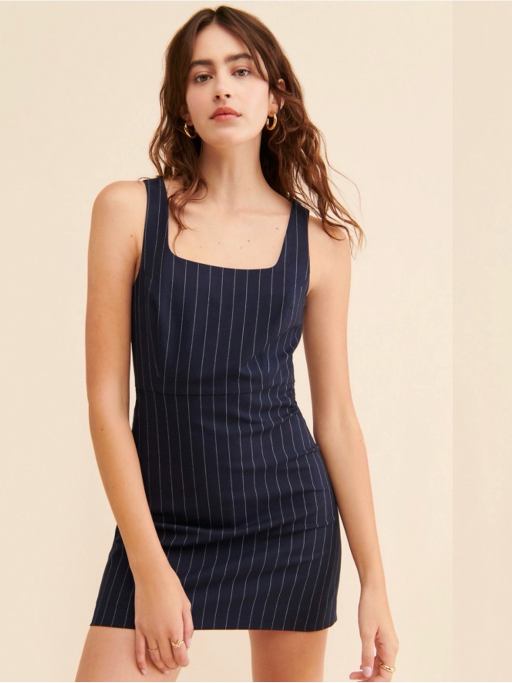 Favorite Daughter Navy Pinstripe Square-Neck break up Mini dress